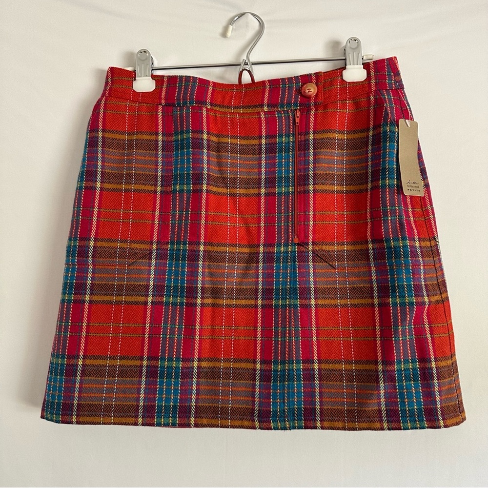 NWT I. E. Relaxed 10P Petite Faux Wrap Skirt multicolor Plaid  Wool blend